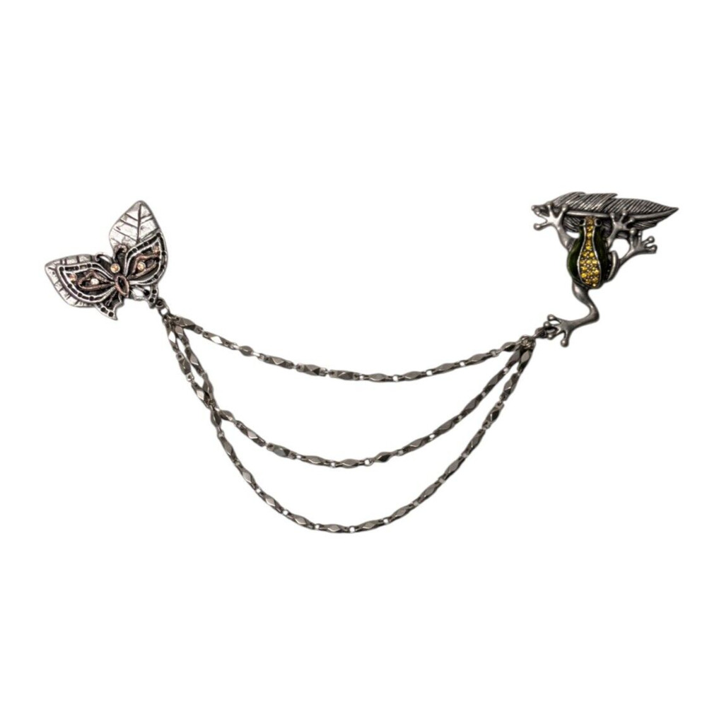 Vintage AJMO Frog Butterfly Lapel Chain Brooch Clip Pin Rhinestone Enamel